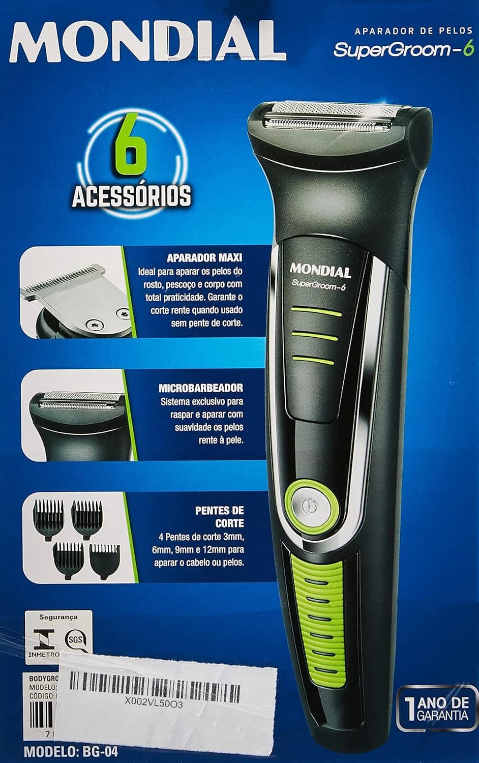 Aparador de Pelos Super Groom 06, Mondial, Preto/Verde, 6W, Bivolt - BG-04