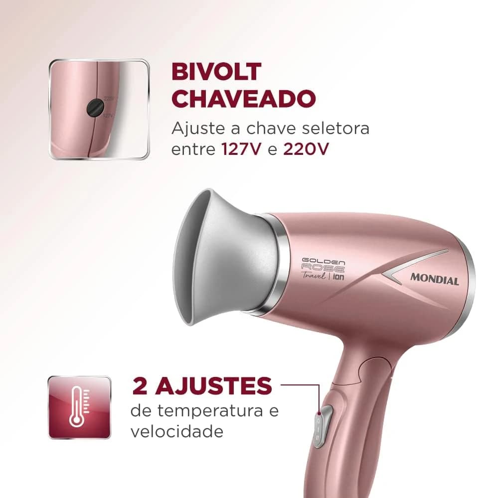 Secador de Cabelos Travel, Mondial, Golden Rose, 1200W, Bivolt - SC-47-GR
