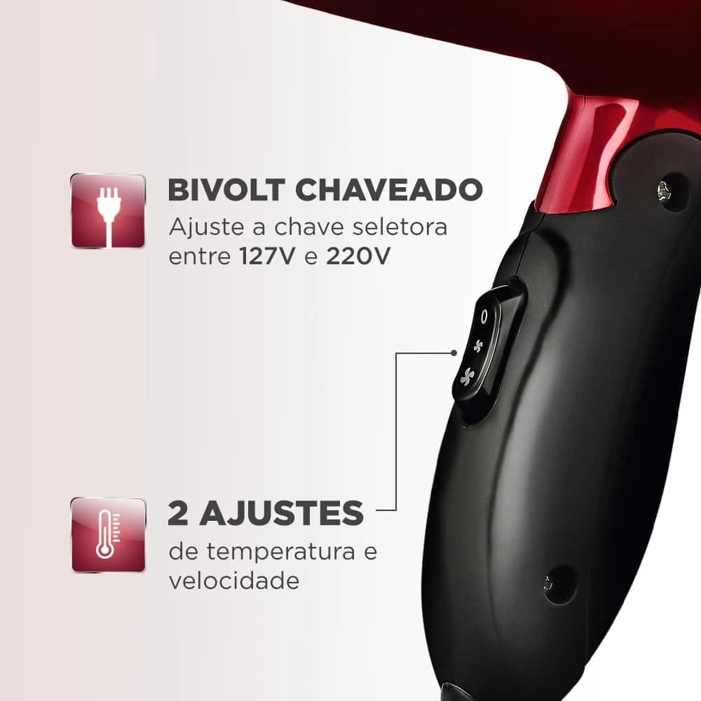 Secador Mondial, Max Travel, Bivolt, Preto/Vermelho, 1200W - SC-10