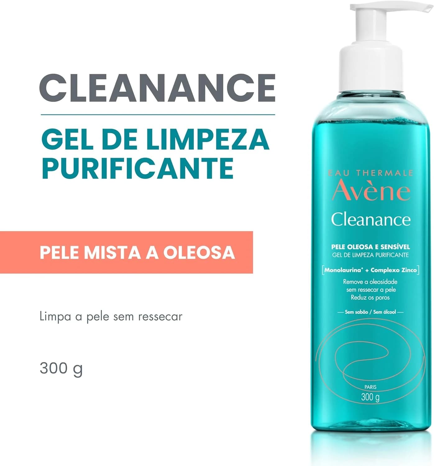 Avène Cleanance Gel de Limpeza Facial, Purificante com Monolaurina™, Zinco e Água Termal Avène, 300g