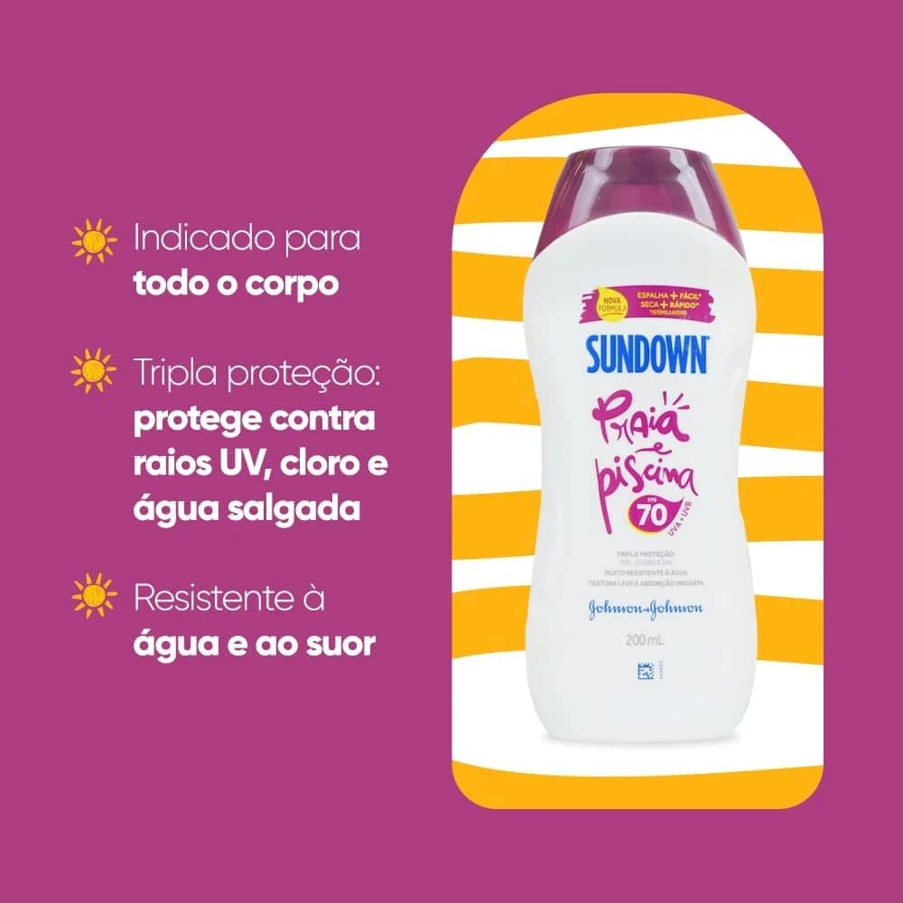 Protetor Solar Corpo e Rosto SUNDOWN® Praia e Piscina FPS 70, 200mL