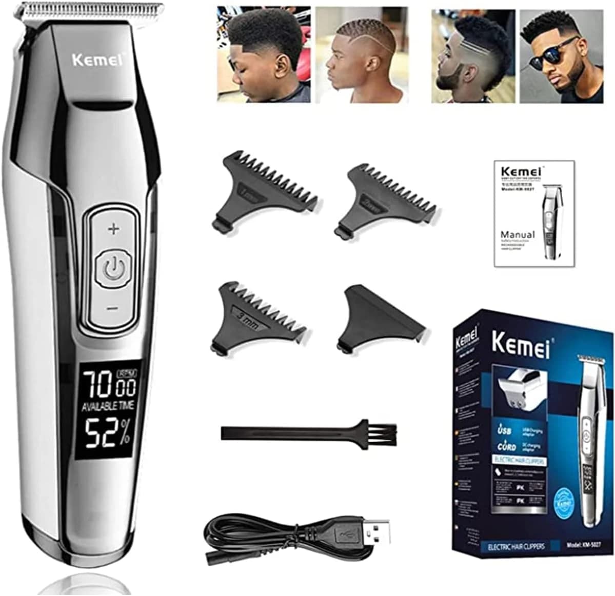KEMEI ‎XSH-5027 Aparador de cabelo masculino sem fio, recarregável por USB, Prata
